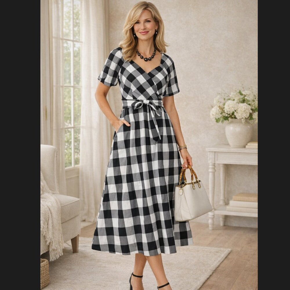 Talbots Zinnia Gingham Fit Flare Dress 10 Petite Black White Cotton Pockets NWT